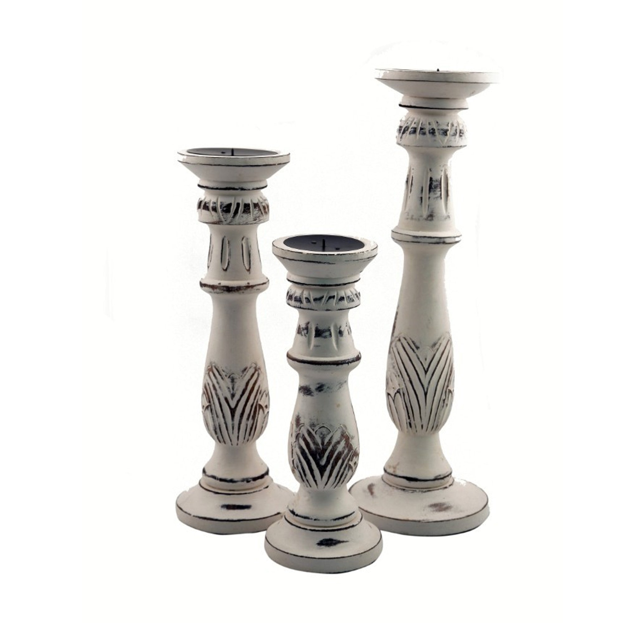 Distressed Mango Wood Pillar Shaped Candle holder (Set of 3) - White