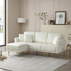 L Shaped Sectional Sofa Couch with Velvet Fabric, Reversible Sectional Sofa - Cream