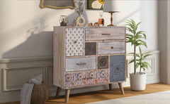 Accent Storage Cabinet with 8 Drawers, Modern Decorative Cabinet with Wood Frame and Colorful Pattern
