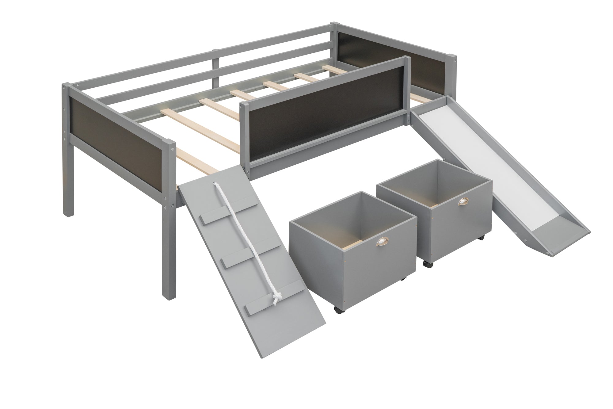 Twin size Loft Wood Bed with Two Storage Boxes - Gray