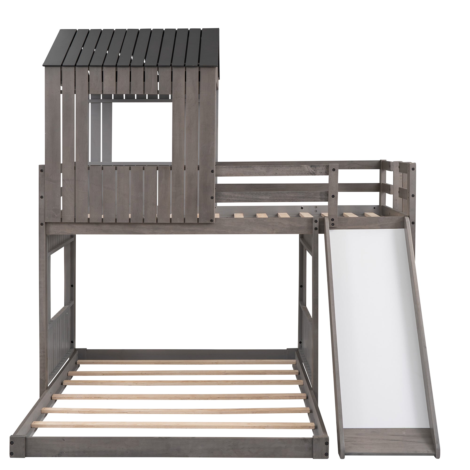 Farmhouse Loft Bed with Playhouse Ladder & Slide - White
