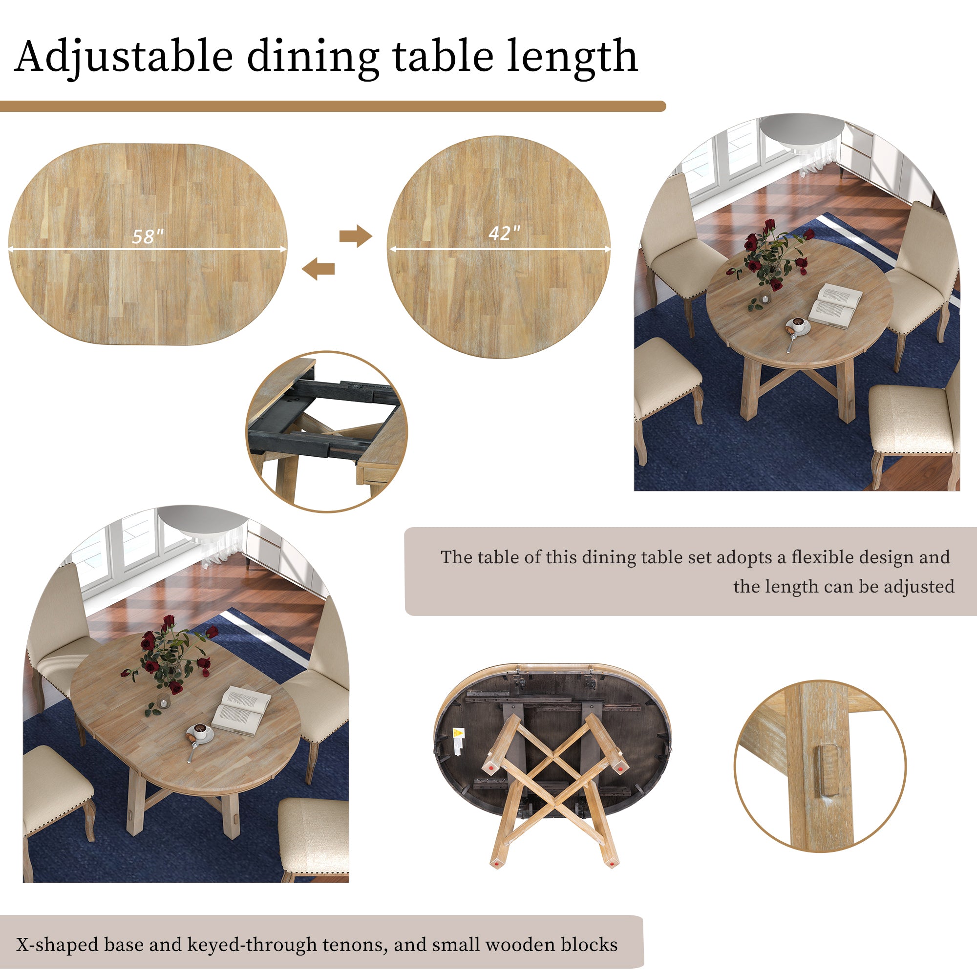 5-Piece Farmhouse Dining Table Set Wood Round Extendable Table and 4 Upholstered Chairs - Natural Wood Wash