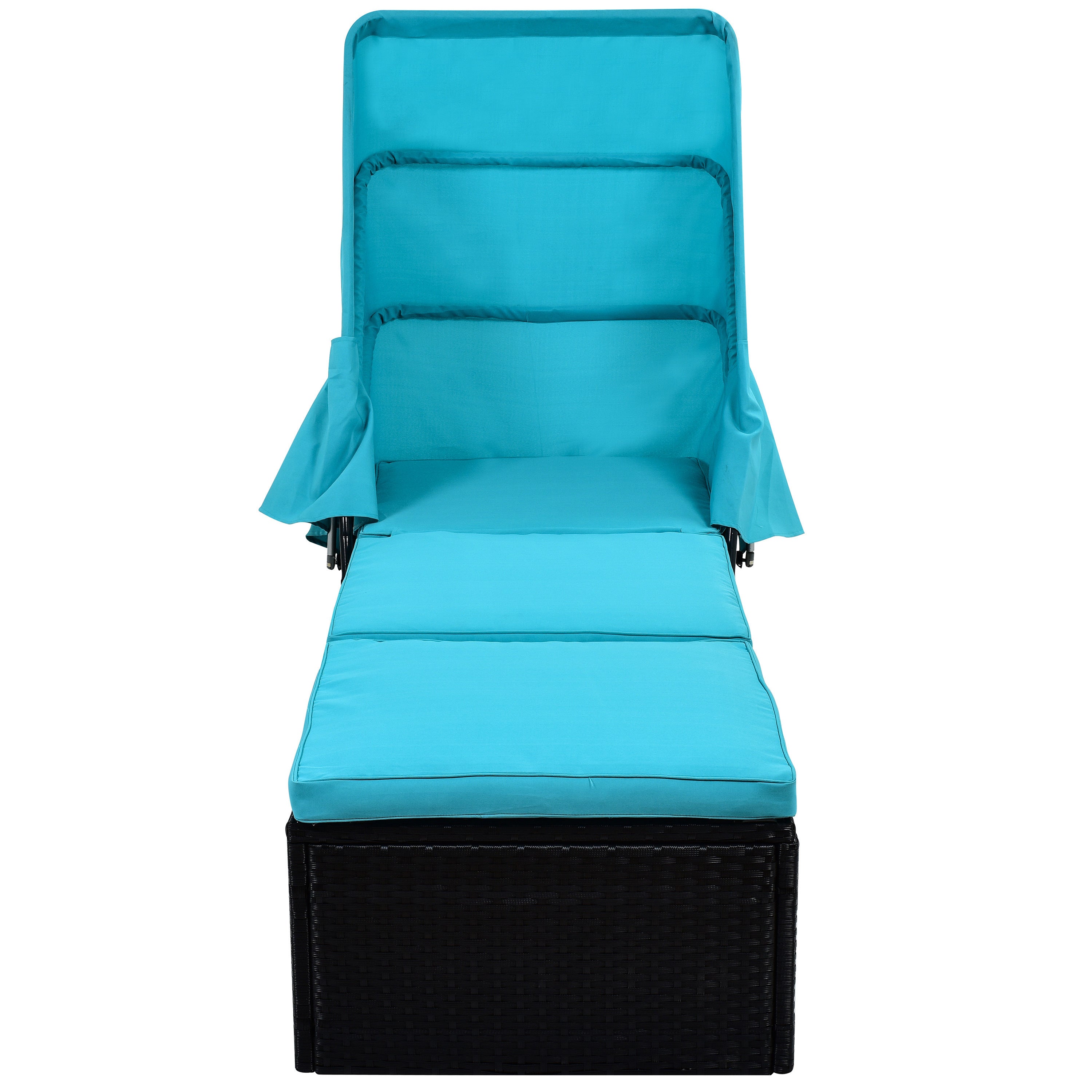 76.8" Long Reclining Single Chaise Lounge with Cushions, Canopy and Cup Table (Set of 2) - Black Wicker + Blue Cushion