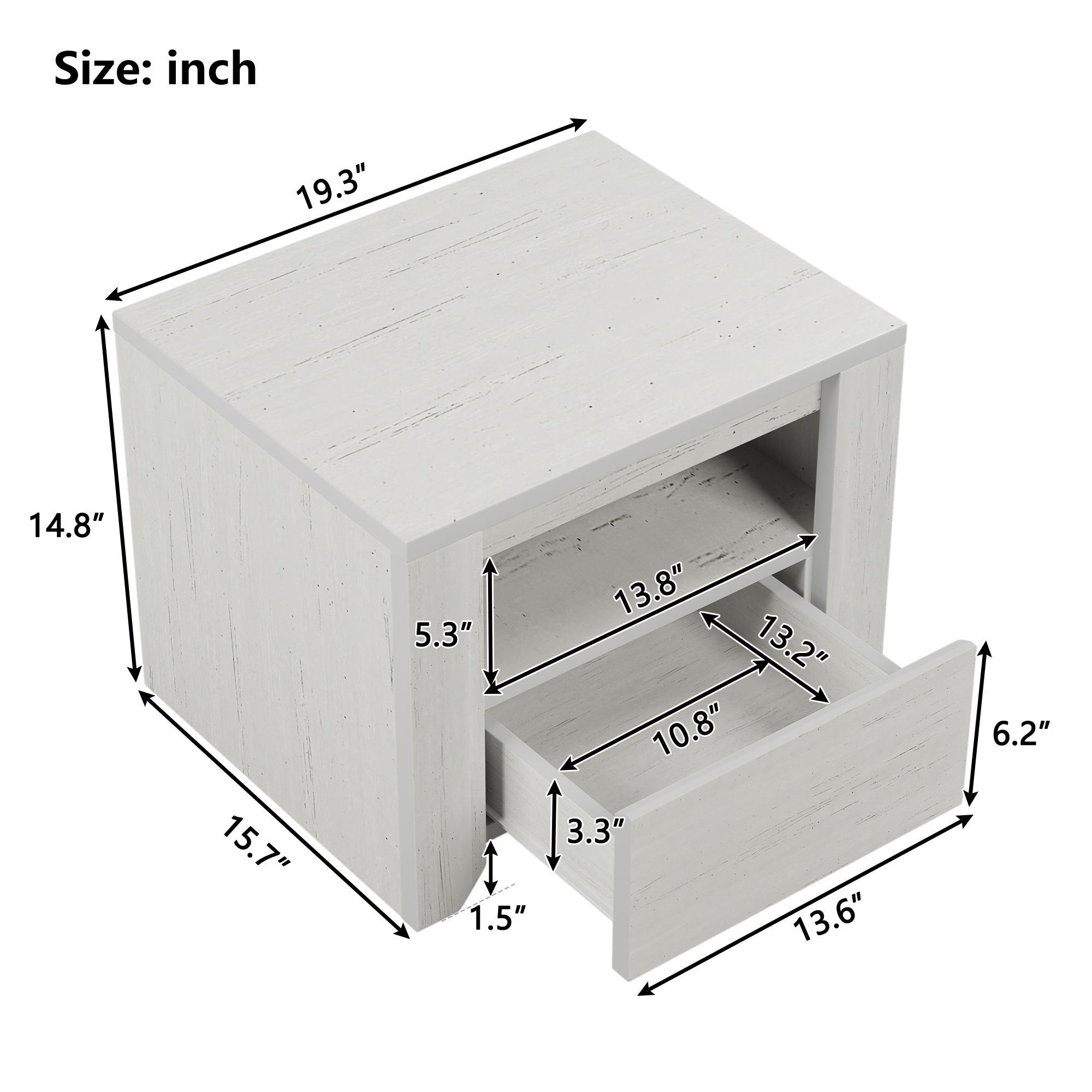 Wood Nightstand with Gray Wood Grain Sticker Surfaces One Drawer - Off White