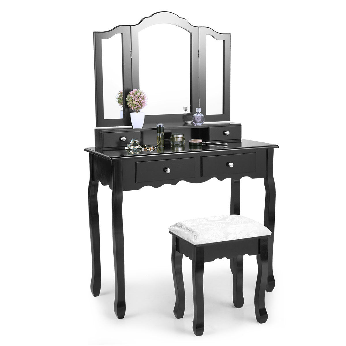 Makeup Vanity Table with Mirror, Wooden Dresser With Stool & 4 Drawers