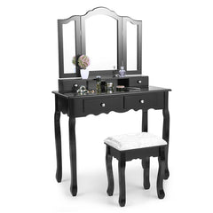 Makeup Vanity Table with Mirror, Wooden Dresser With Stool & 4 Drawers