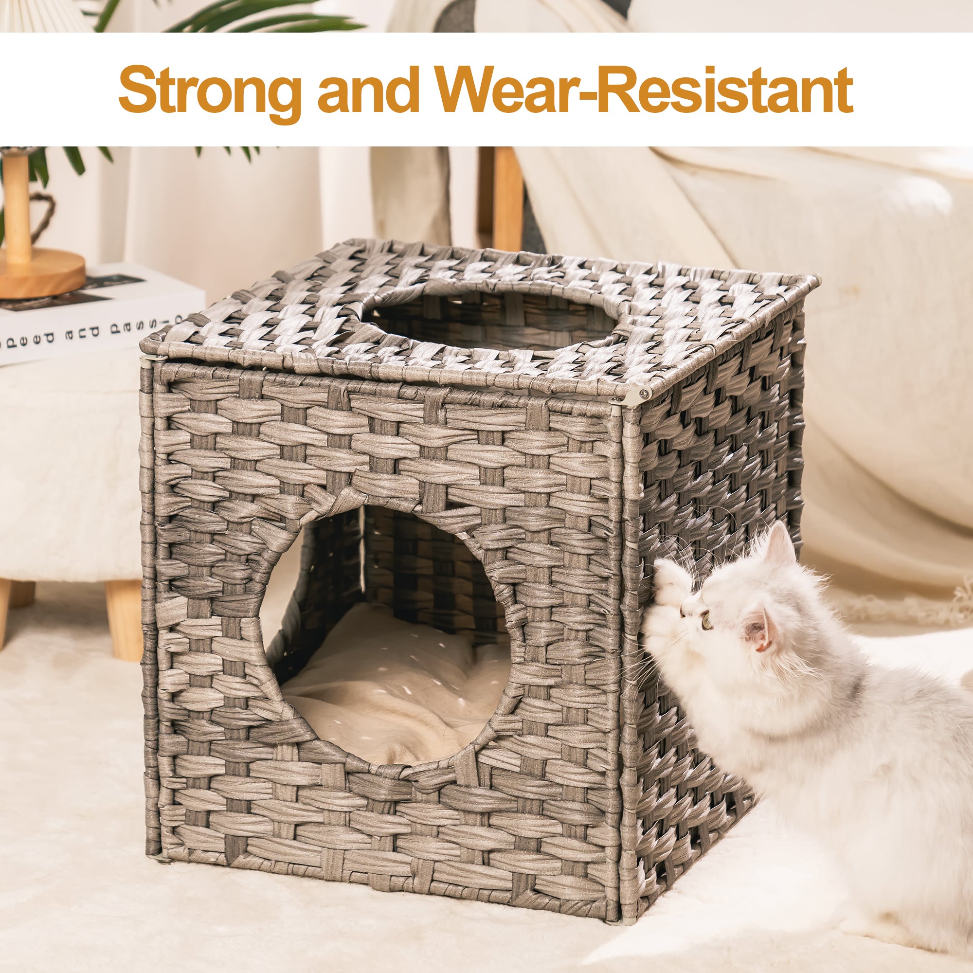 Rattan Cat Litter Cat Bed with Rattan Ball and Cushion - Grey