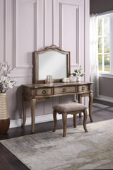 Contemporary Antique Oak Color Vanity Set with Stool Retro Style Drawers Cabriole-tapered Legs Mirror with Floral Crown Molding