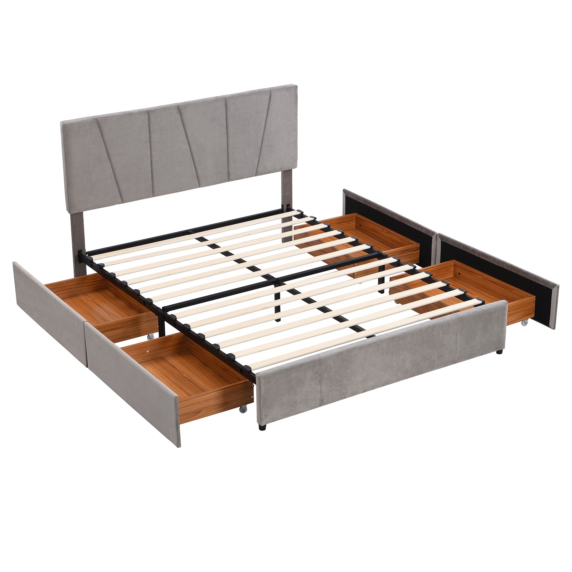 Queen Size Upholstery Platform Bed with Four Drawers on Two Sides,Adjustable Headboard - Grey