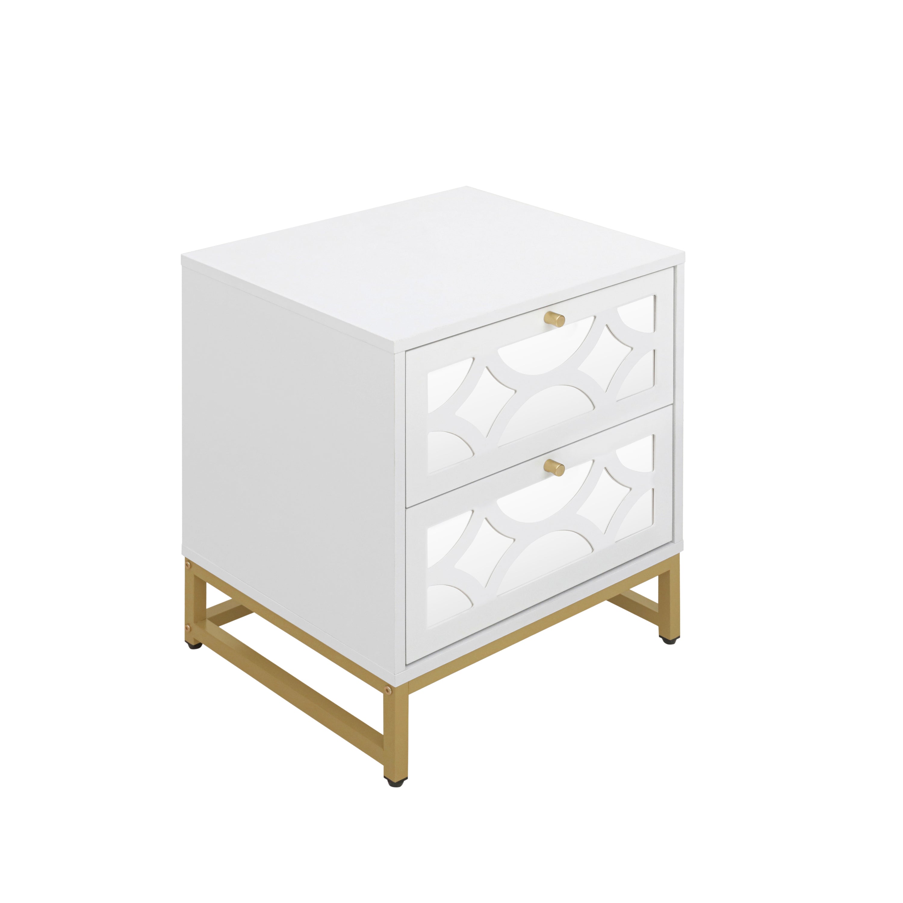 Small Bedside Table with 2 Drawers, White Mirrored Nightstand, with Gold Legs