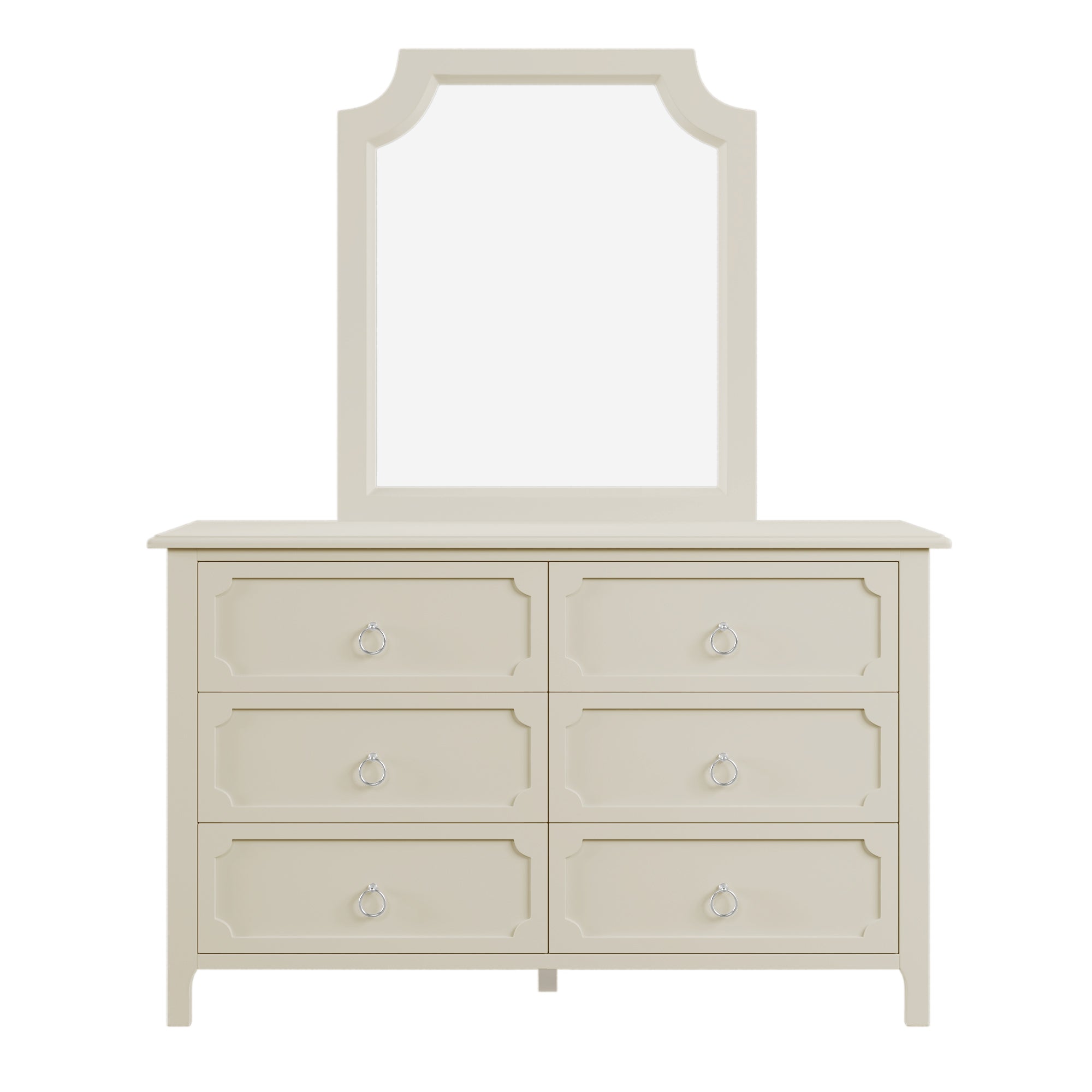 Milky Rubber Wooden Dresser 6 Large Drawers Silver Metal Handles - White