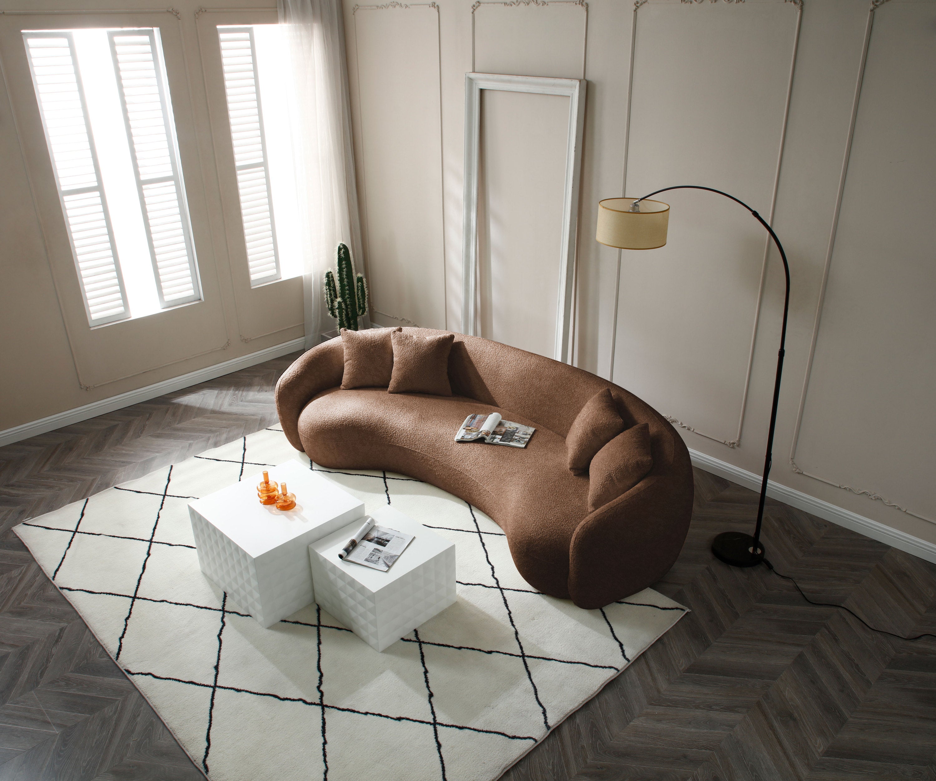 102'' 5-Seater Boucle Sofa Modern Sectional Half Moon Leisure Couch Curved Sofa - Teddy Fleece Brown