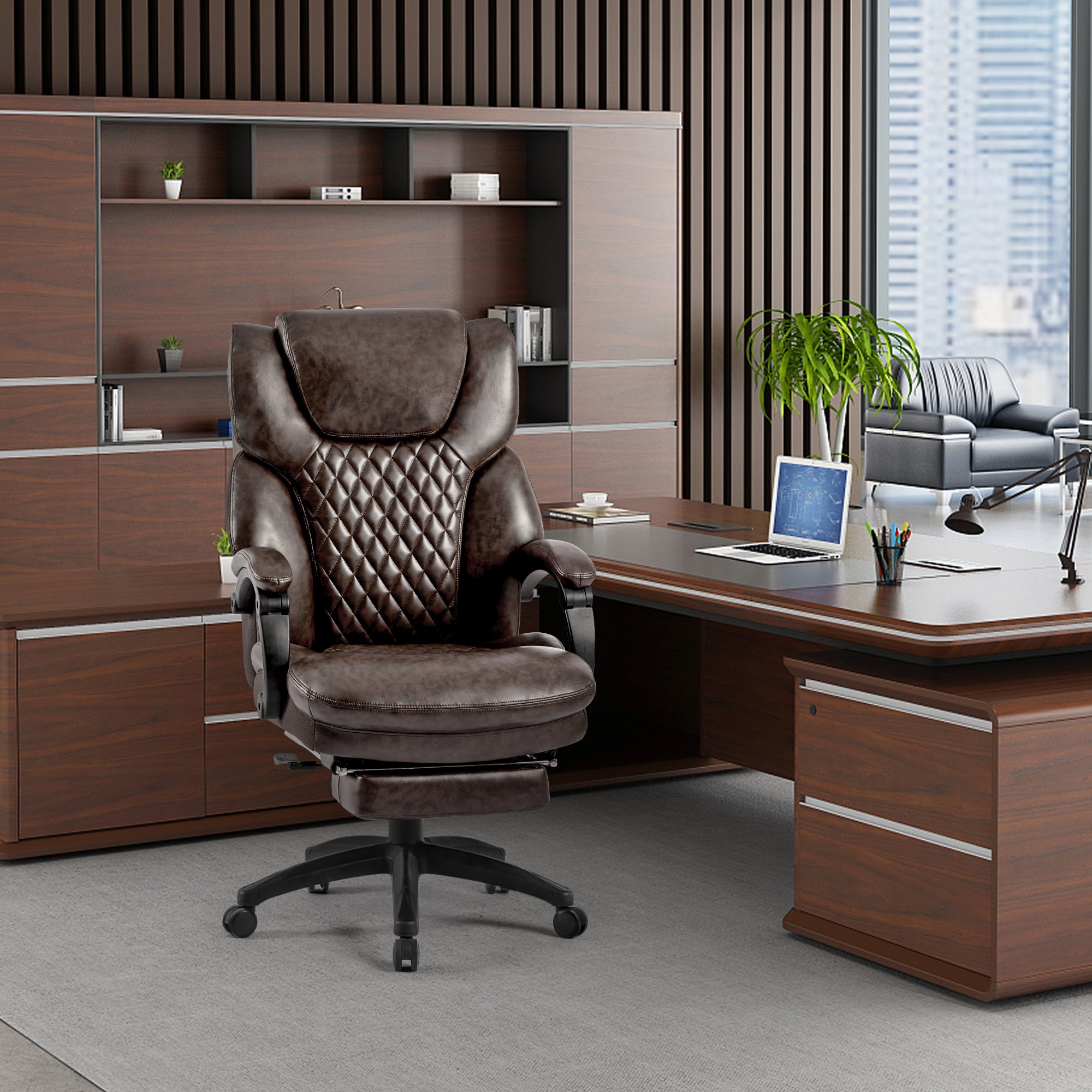High Back Big & Tall 400lb Office Chair with Footrest Bonded Leather Ergonomic Executive Chair - Brown