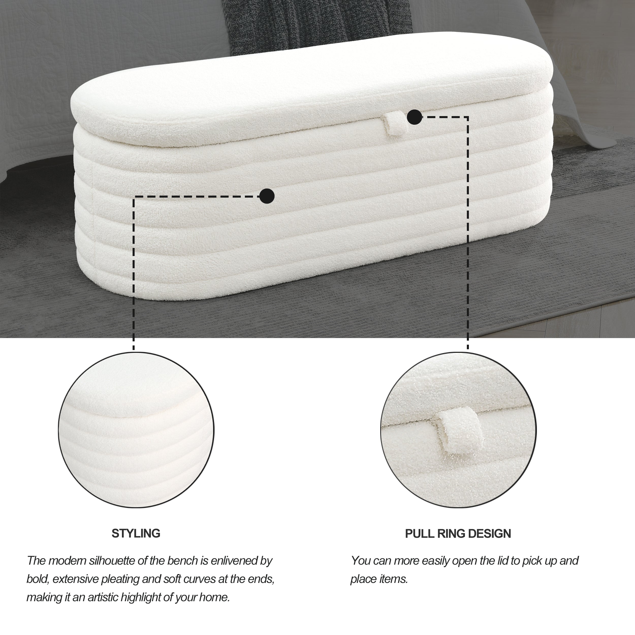 Storage Ottoman Bench Upholstered Fabric Storage - White Teddy