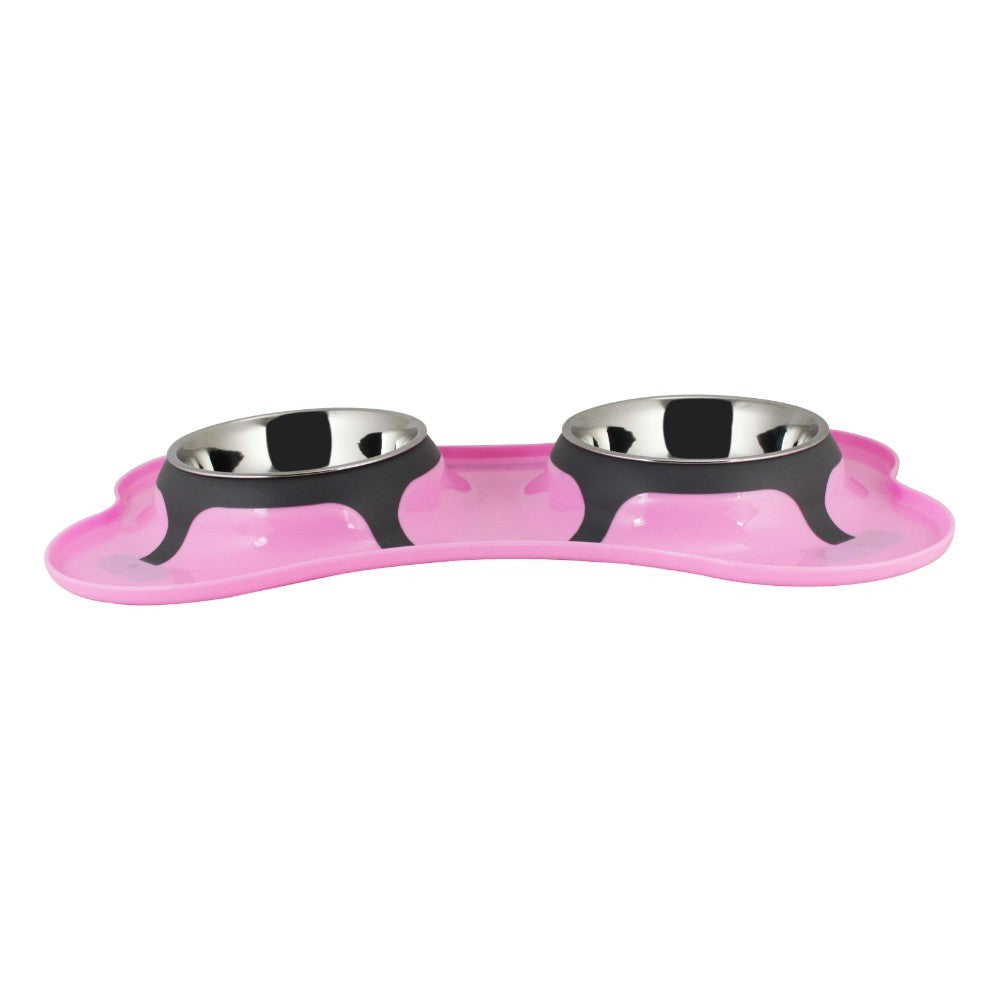 Bone Shaped Plastic Pet Double Diner with Stainless Steel Bowls - Pink and Silver