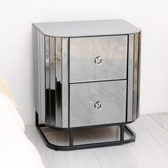 Mirrored Nightstand, Grey End Table - Black Iron Frame