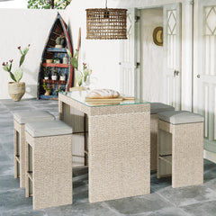 MAICOSY 5 Piece Rattan Outdoor Patio Stool Set, Patio Cushioned Seats with Table