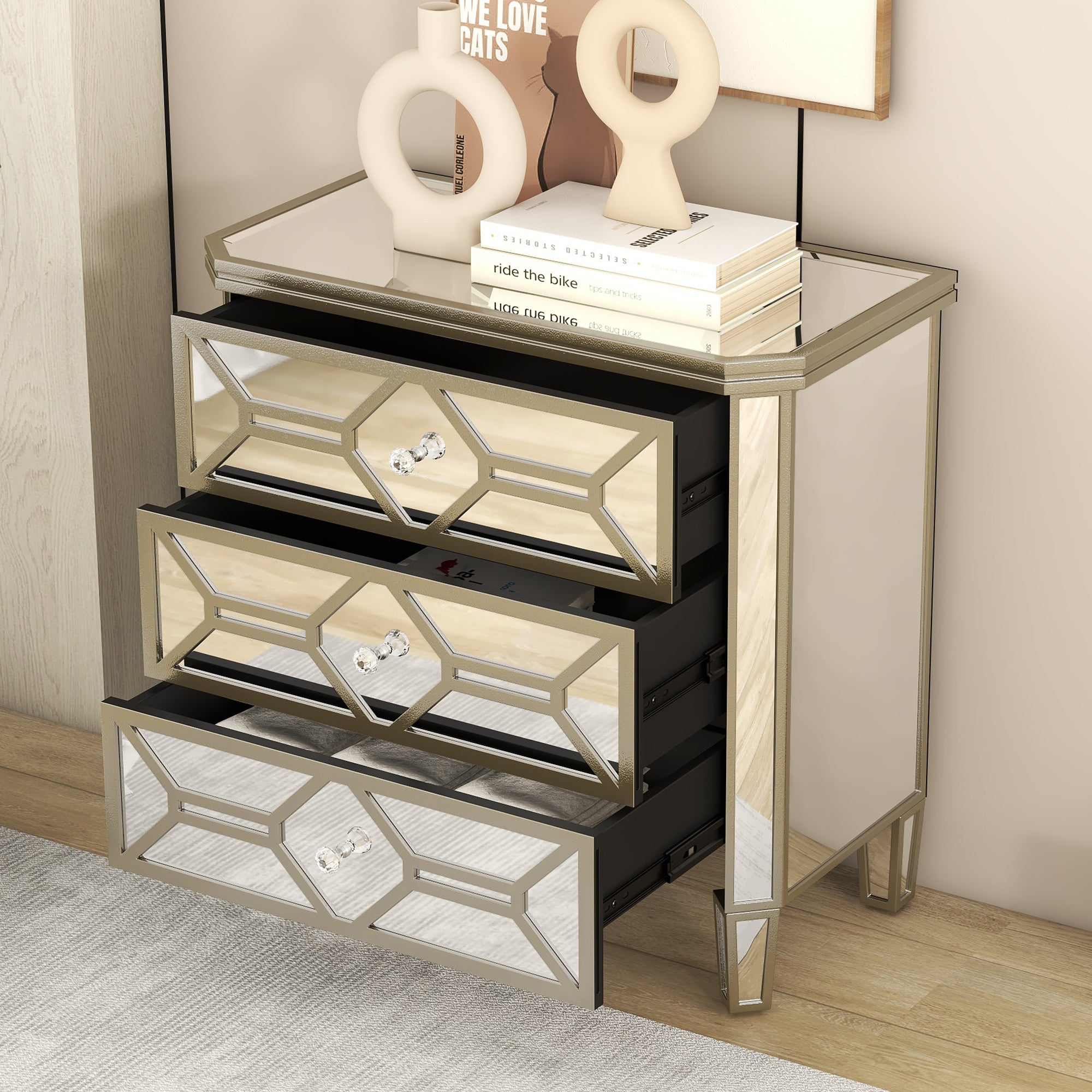 Elegant Mirrored 3-Drawer Chest with Golden Lines Storage Cabinet