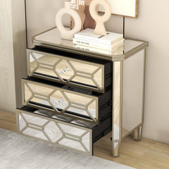 Elegant Mirrored 3-Drawer Chest with Golden Lines Storage Cabinet