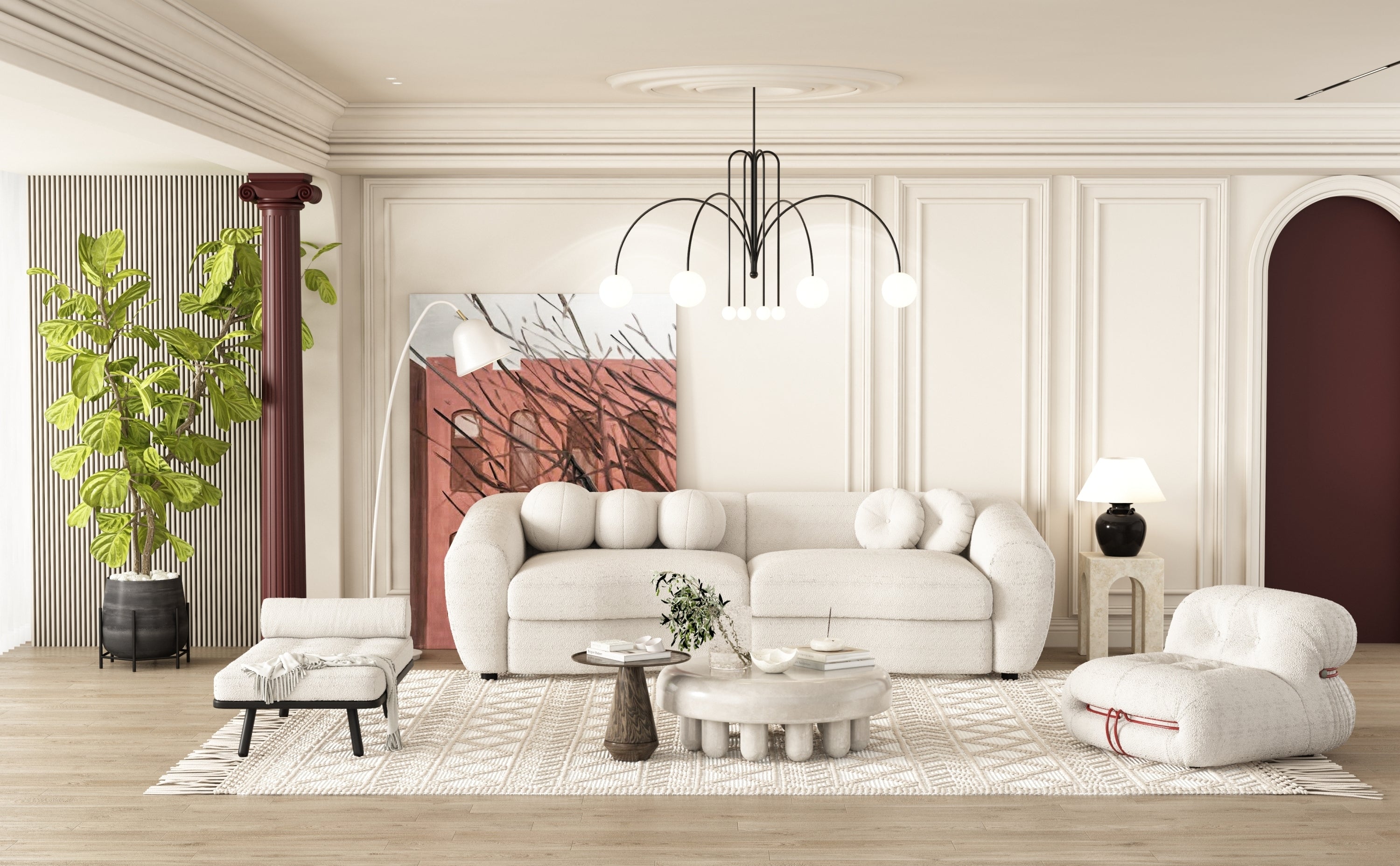 87.7" Modern Curved Sofa, Back Upholstered Couch with 5 Decorative Throw Pillows - Teddy Beige