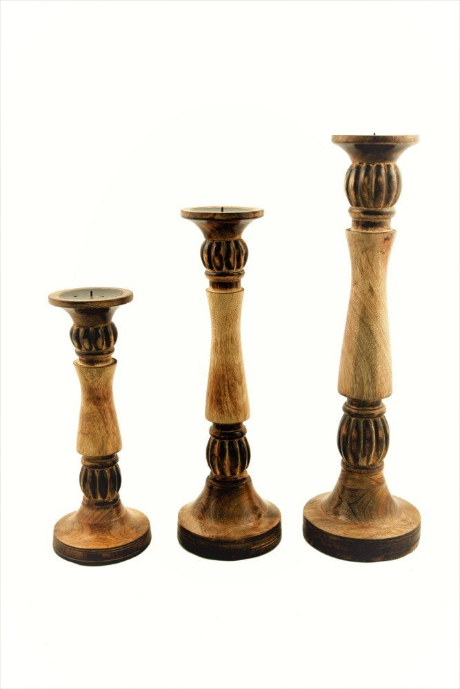 Benzara Mango Wood Vintage Style Candleholder/Candlestick (Set of 3) - Brown
