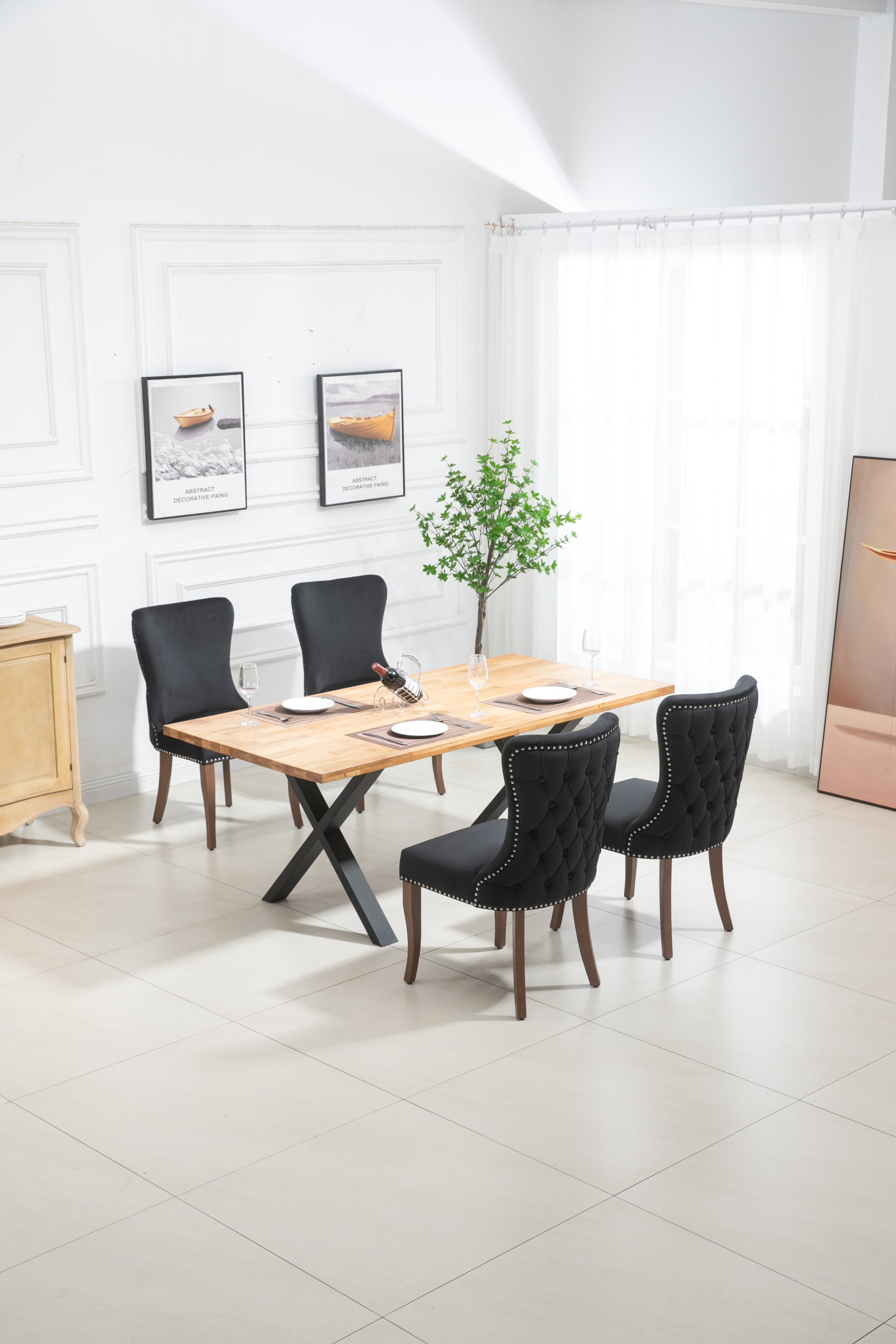 Velvet Upholstered Dining Chairs with Designed Back and Nailhead trim and Solid Wood Legs (Set of 2) - Black