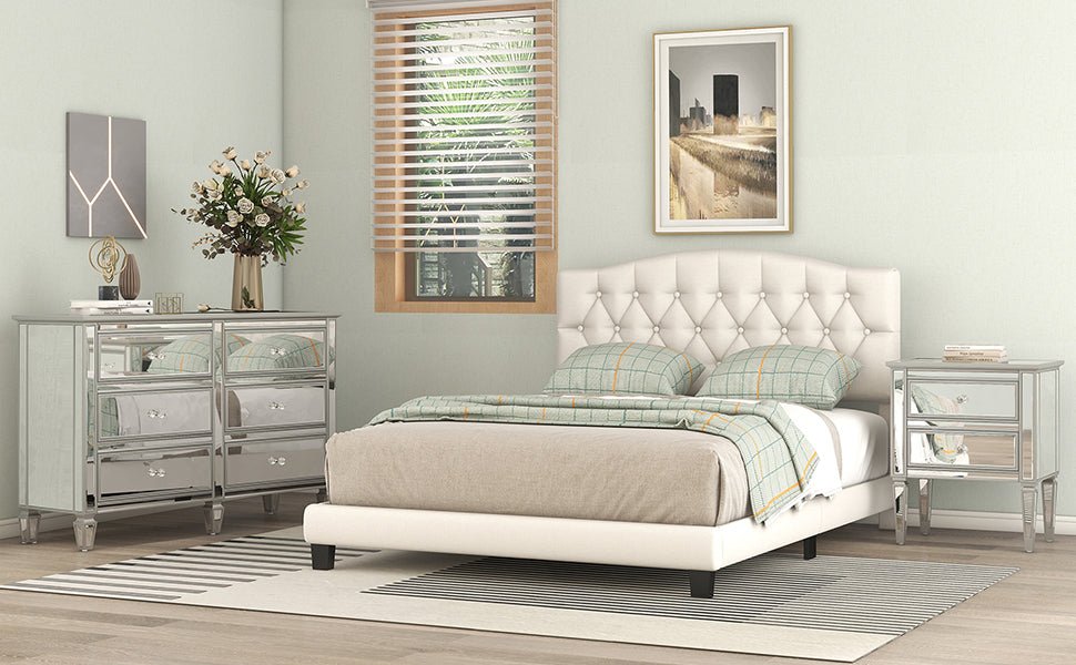 Upholstered Platform King Bed with Saddle Curved Headboard and Diamond Tufted Details - Beige