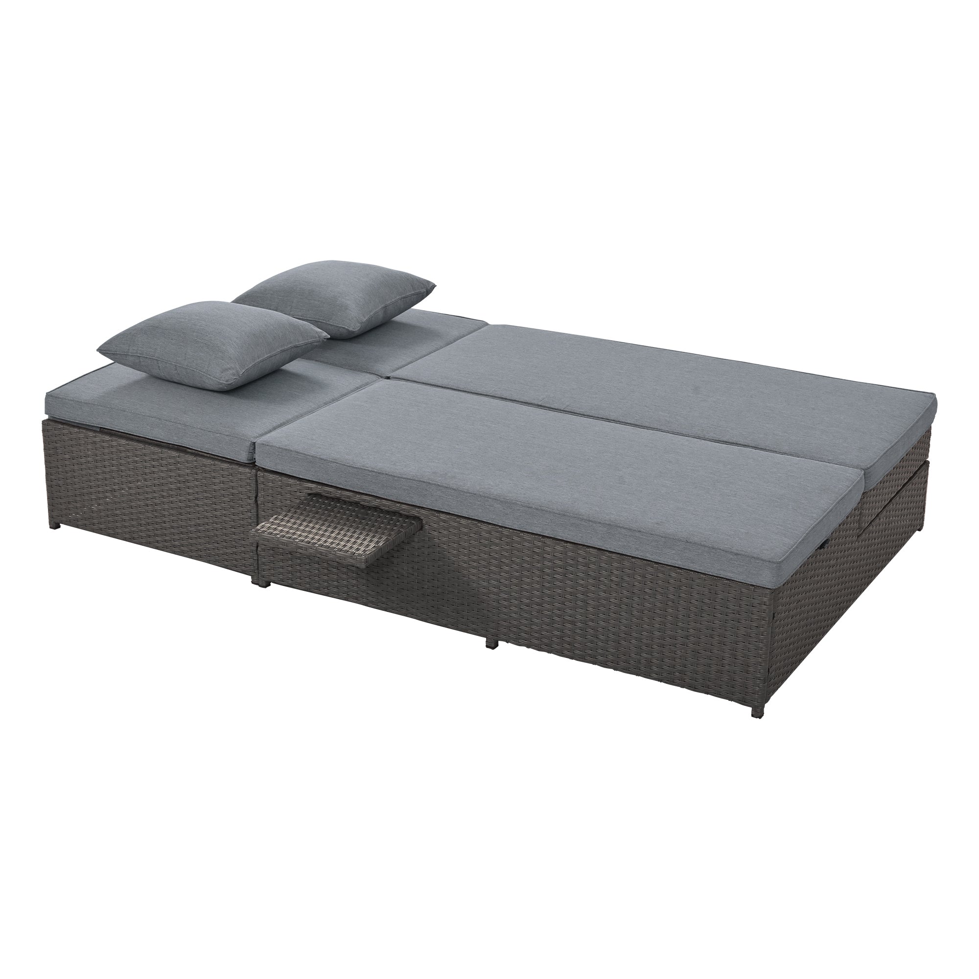 Outdoor Double Sun bed, Wicker Rattan Patio Reclining Chairs with Adjustable Backrest and Seat, Conversational Set for 2 Person - Gray