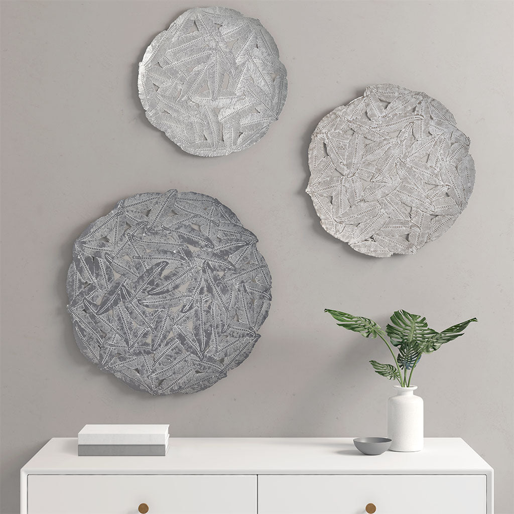 Rossi Textured Feather 3-piece Metal Disc Wall Decor Set - Grey