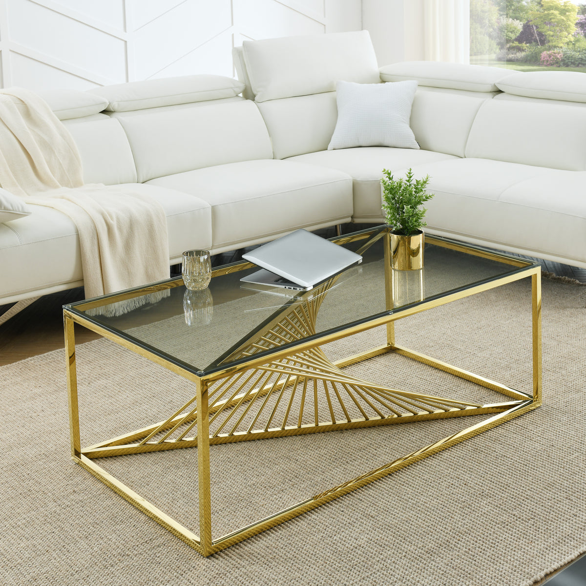 Modern Rectangular Coffee Accent Table with Clear Tempered Glass Top and Stainless Steel Frame - Gold