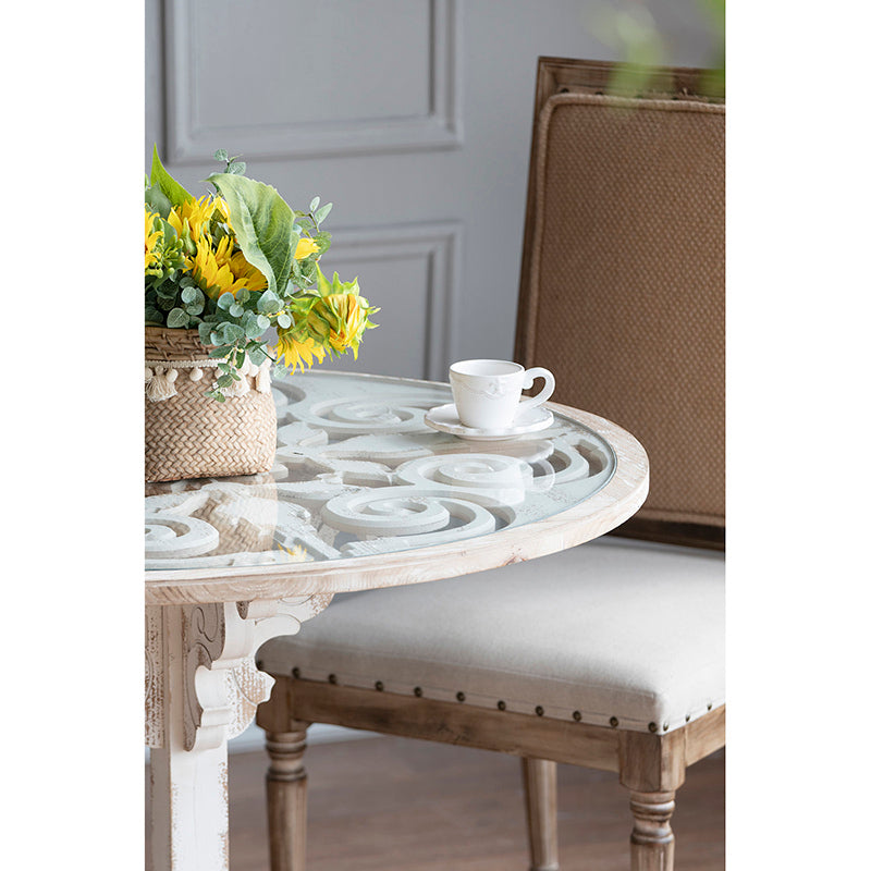 Round Wooden Carved Table - Distressed White Finish Design 24x28.5"