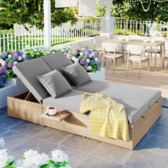 Outdoor Double Sun bed, Wicker Rattan Patio Reclining Chairs with Adjustable Backrest and Seat - Brown