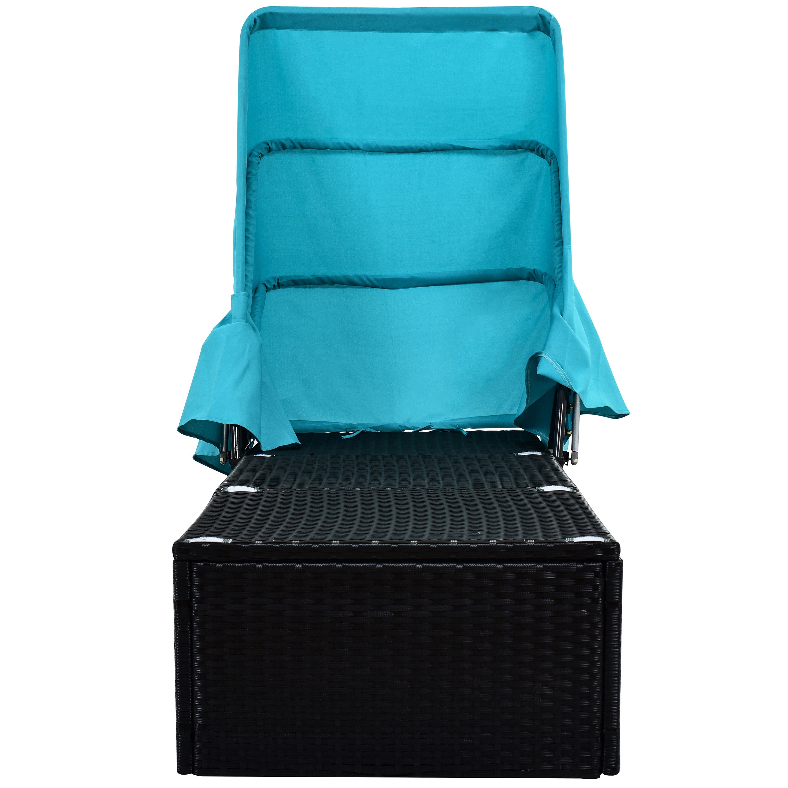 76.8" Long Reclining Single Chaise Lounge with Cushions, Canopy and Cup Table (Set of 2) - Black Wicker + Blue Cushion