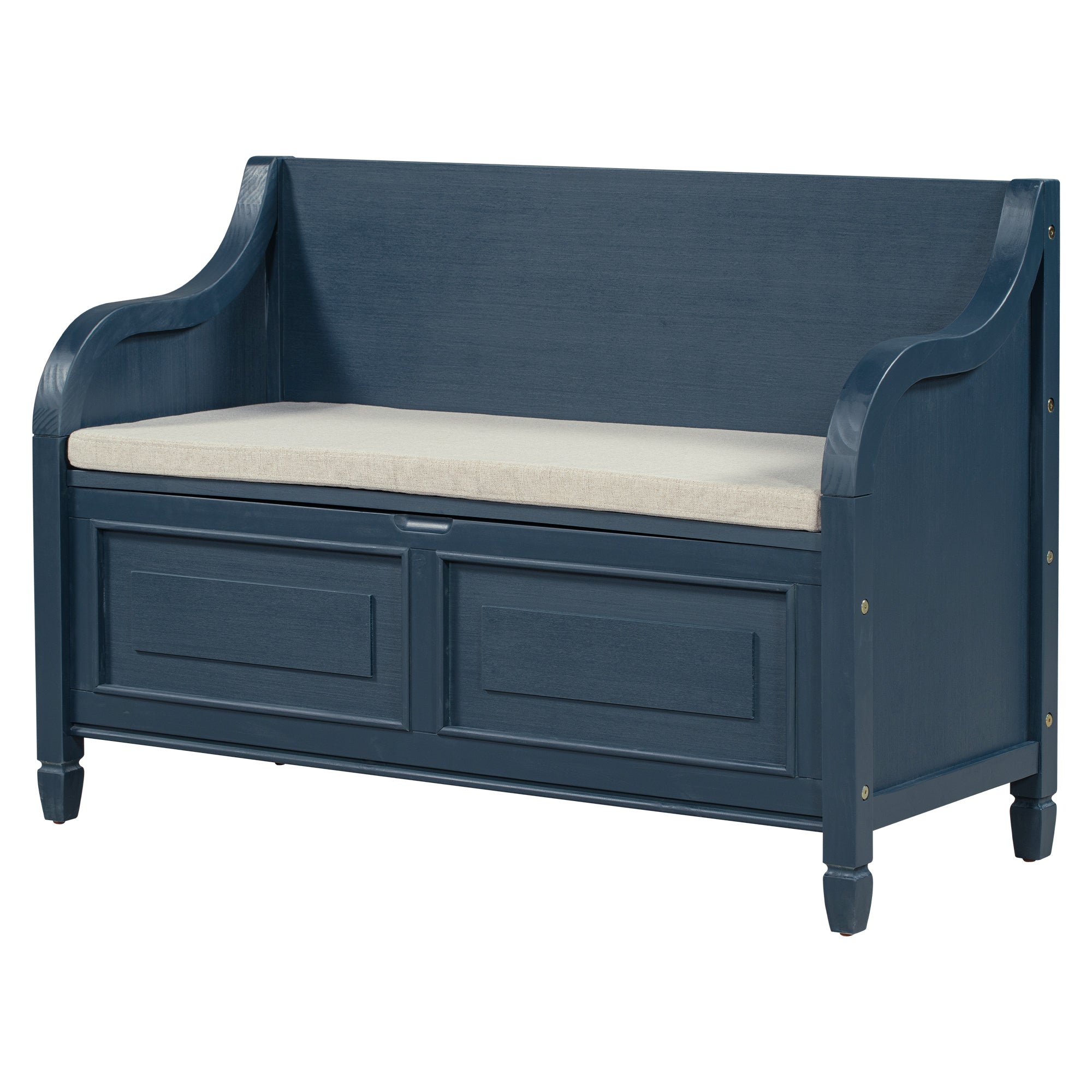 Rustic Style Solid Wood Entryway Storage Bench with Safety Hinge - Antique Navy + Beige