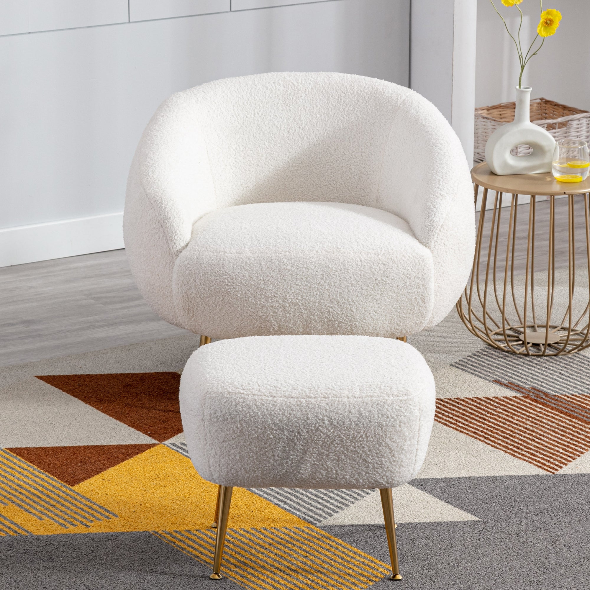 Modern Teddy Short Plush Comfy Armchair with Ottoman - White
