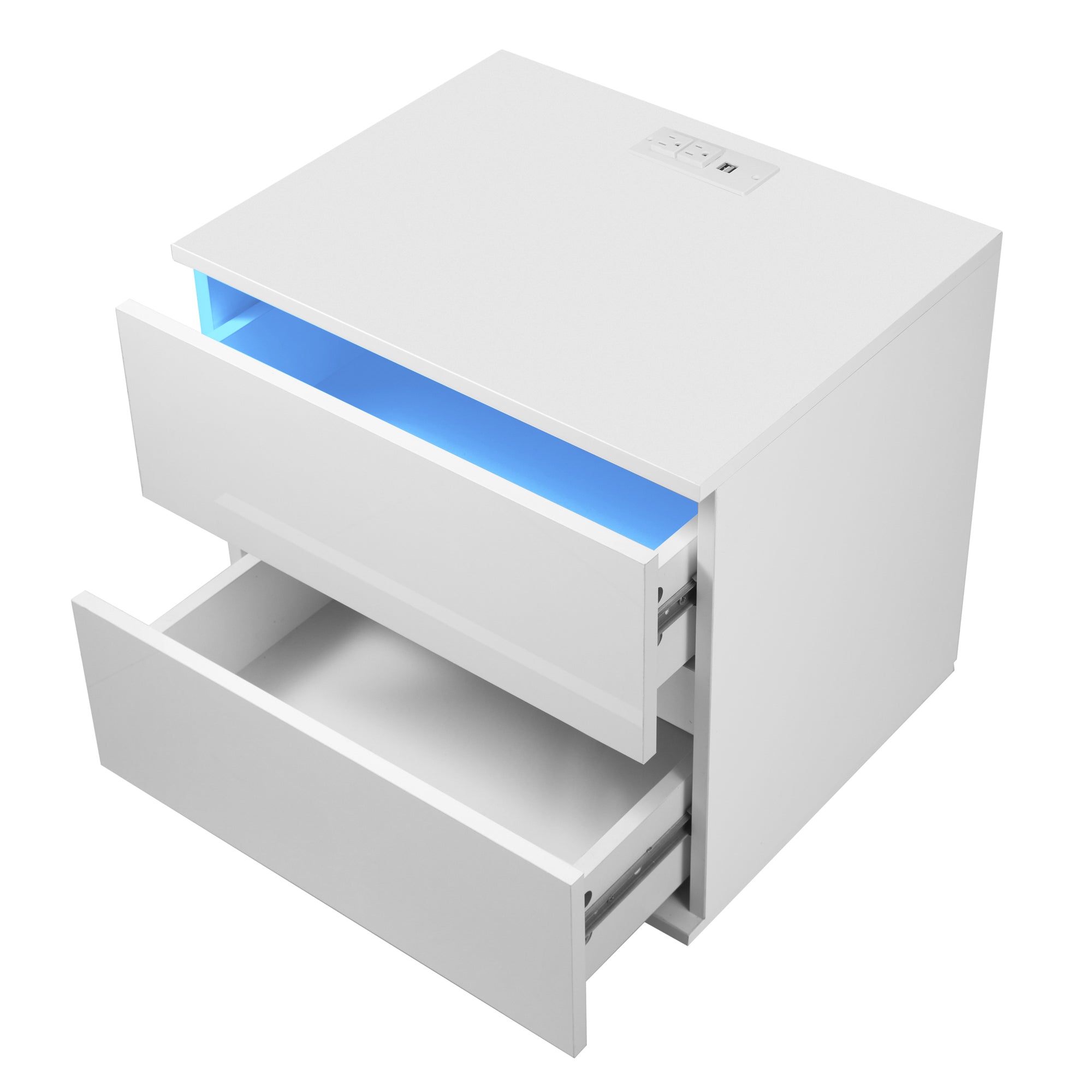 Nightstand with 2 Drawers, USB Charging Ports and Remote Control LED Light - White