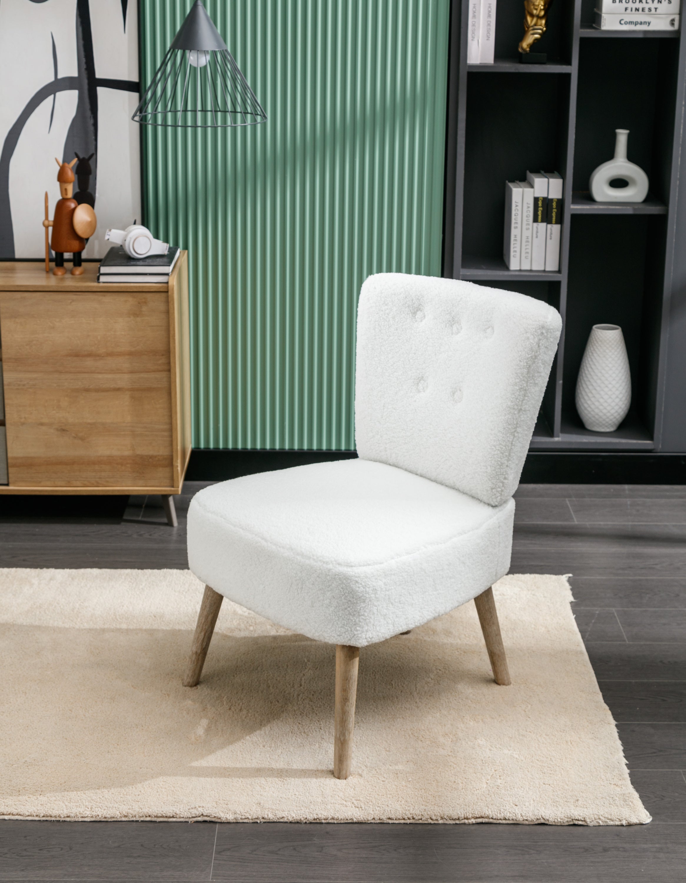 Teddy Fabric Button Accent Slipper Chair With Wooden Legs - White