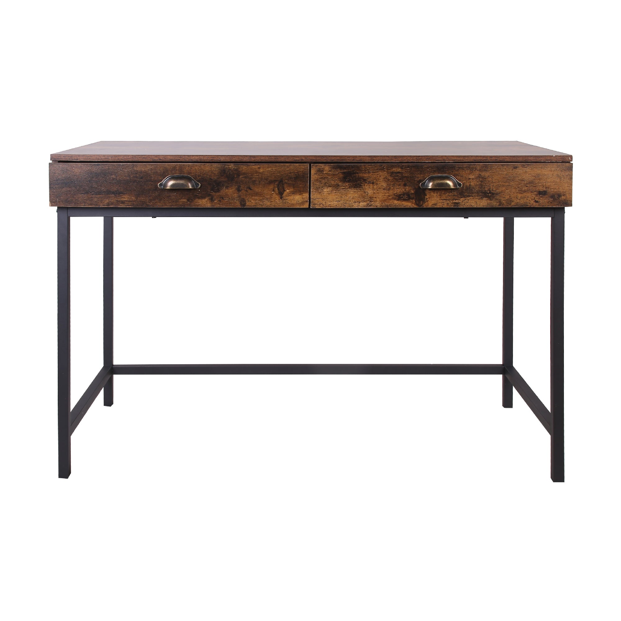 Industrial Grained Wooden Computer Desk with 2 Drawers - Brown and Black