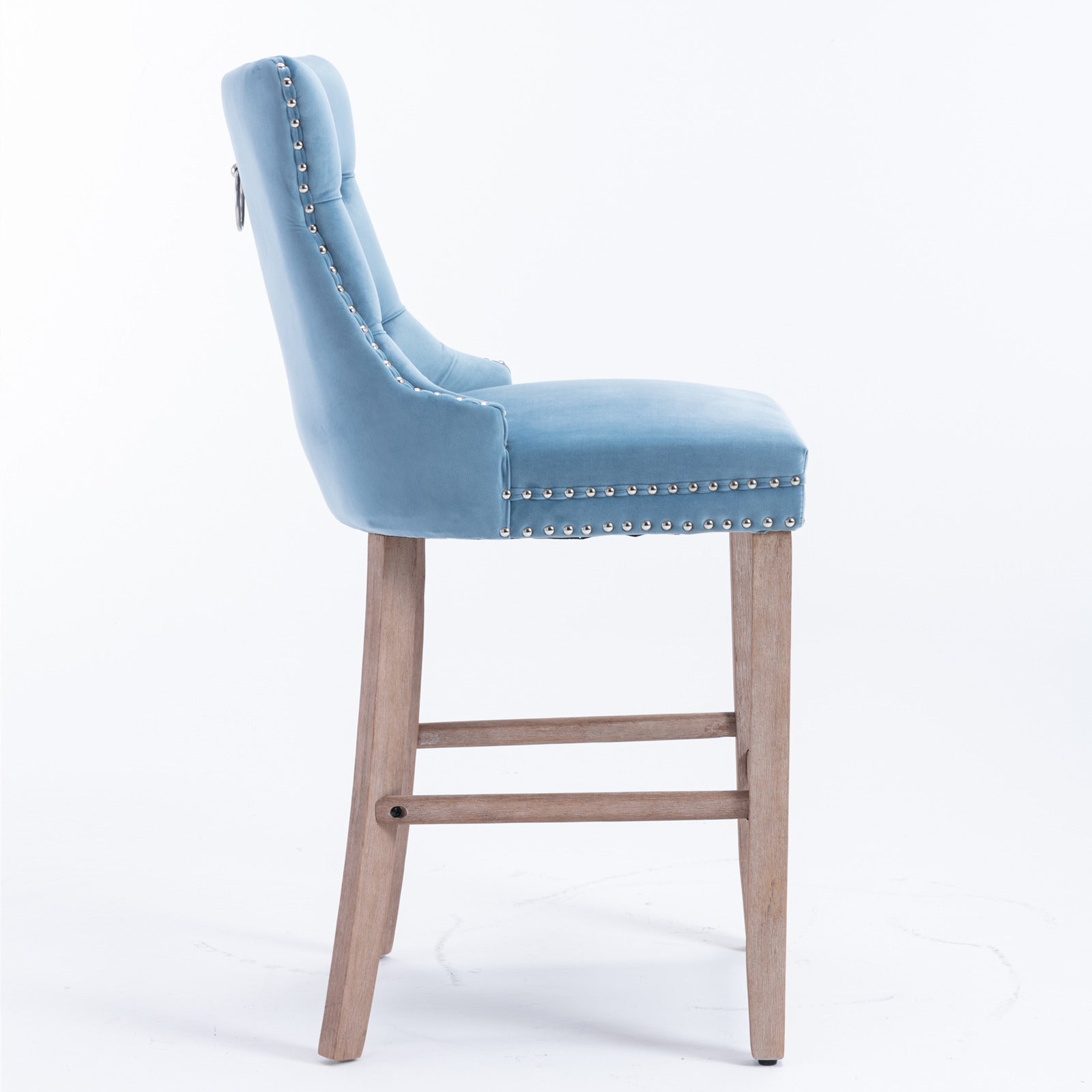 Contemporary Velvet Upholstered Barstools with Button Tufted Decoration and Wooden Legs, and Chrome Nailhead Trim, Bar stools (Set of 2) - Light Blue