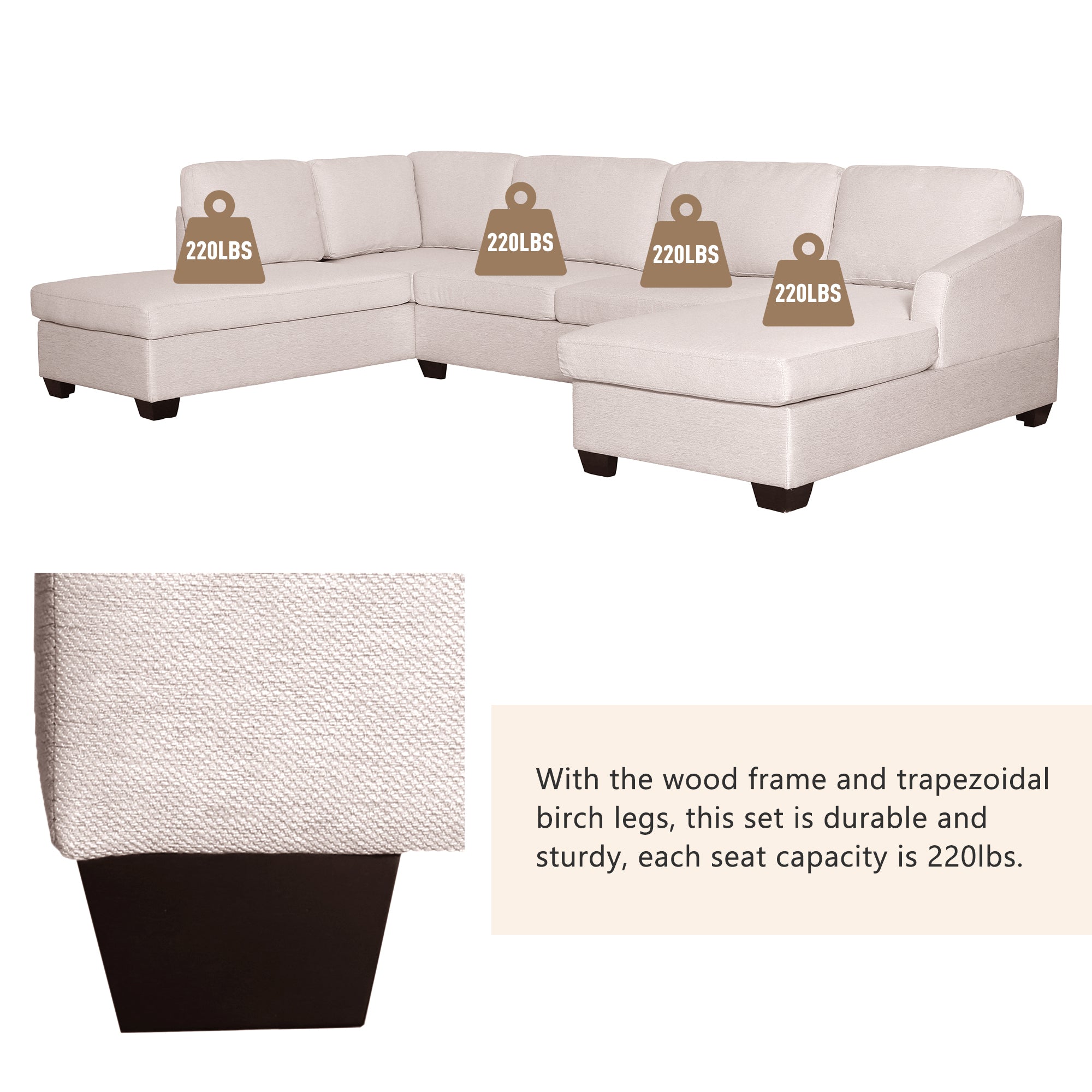 Modern Large  U-Shape Sectional Sofa, Double Extra Wide Chaise Lounge Couch - Beige