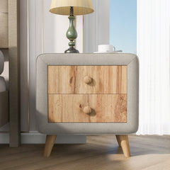 Upholstered Wooden Nightstand with 2 Drawers - Beige