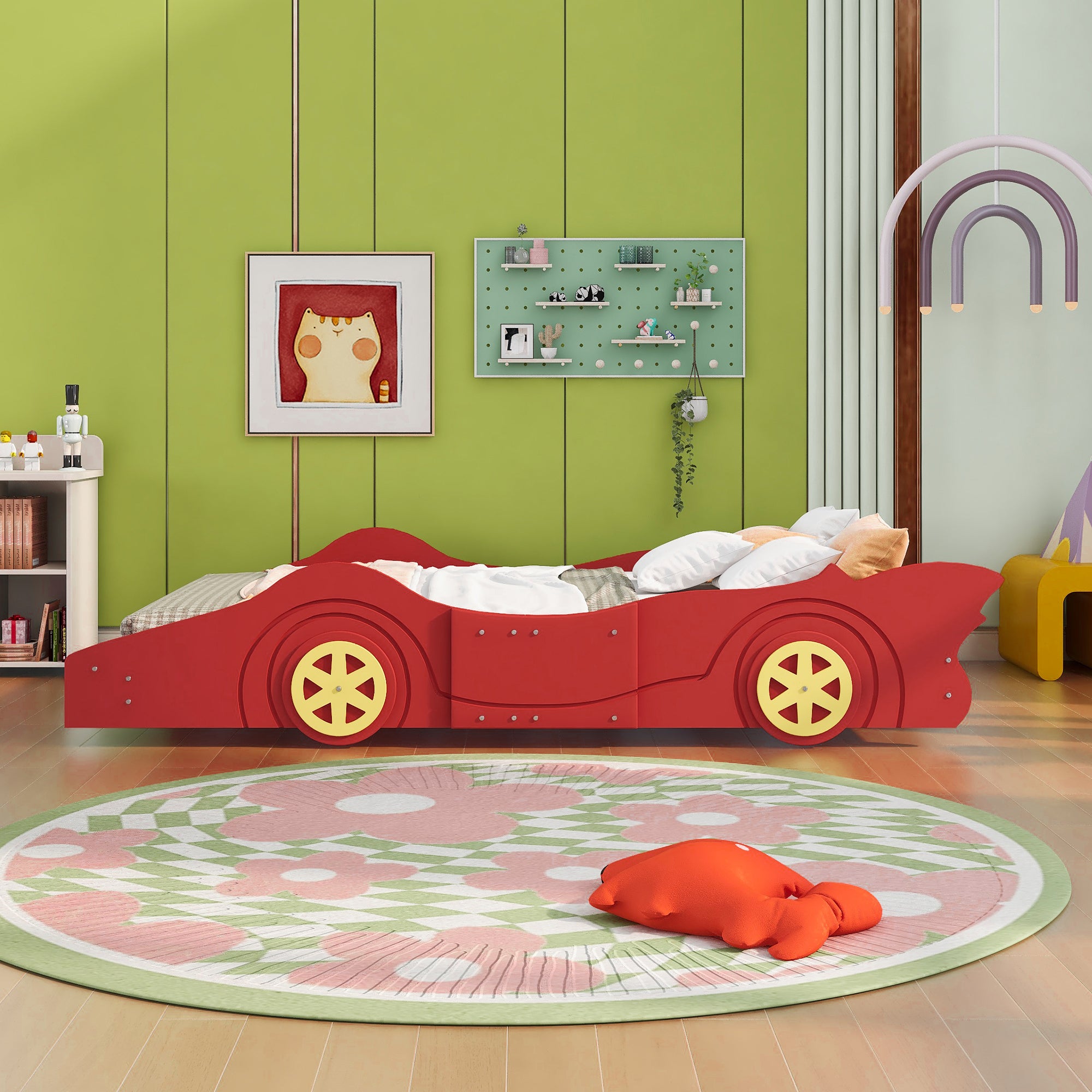 Full Size Race Car-Shaped Platform Bed with Wheels - Red