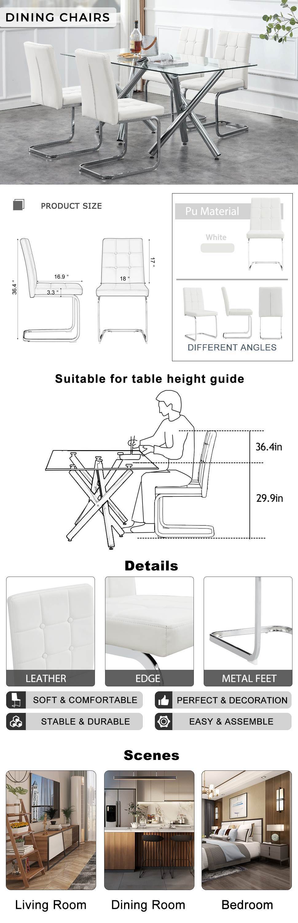 Modern Style Dining Chairs with Inset Buttons, C-shaped Tube Plating Metal Legs (Set of 2) - White