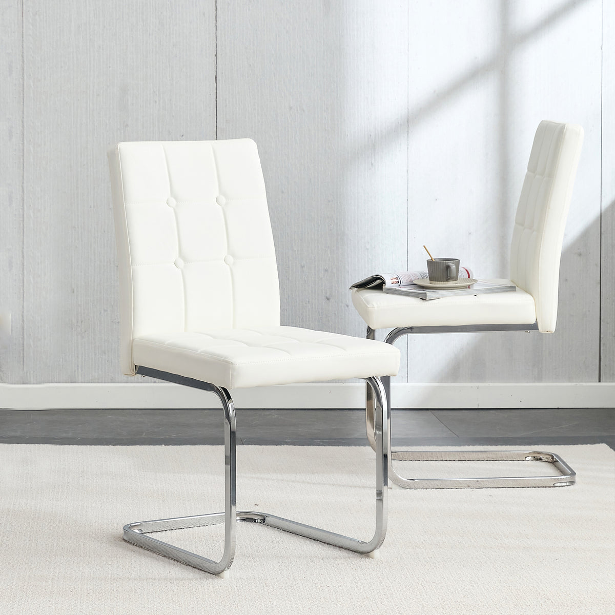 Modern Style Dining Chairs with Inset Buttons, C-shaped Tube Plating Metal Legs (Set of 2) - White