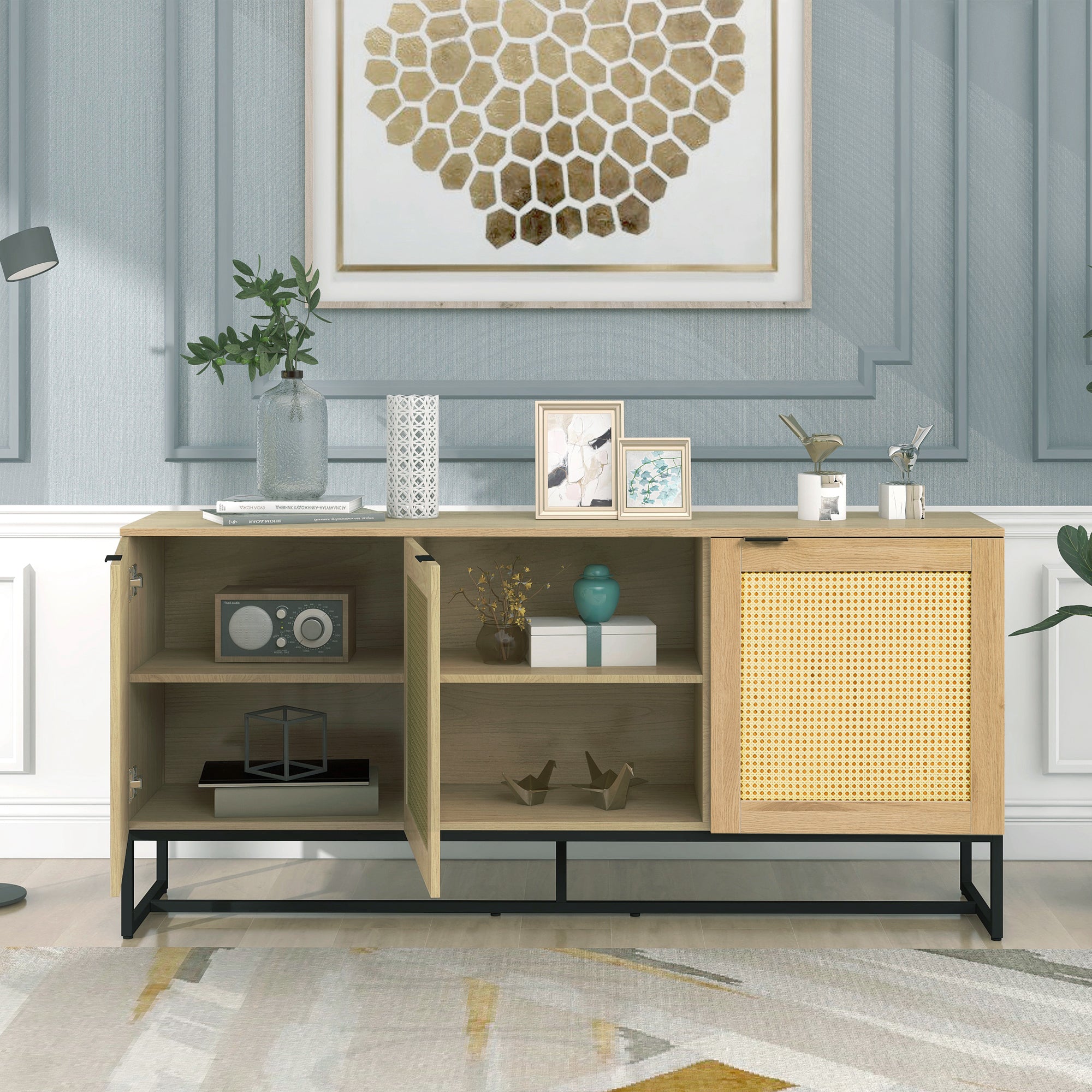 Wicker Sideboard Storage Cabinet 63 inch, with 3 doors - Natural color