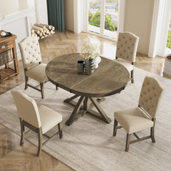Retro Style Dining Table Set with Extendable Table and 4 Upholstered Chairs- Natural Wood Wash