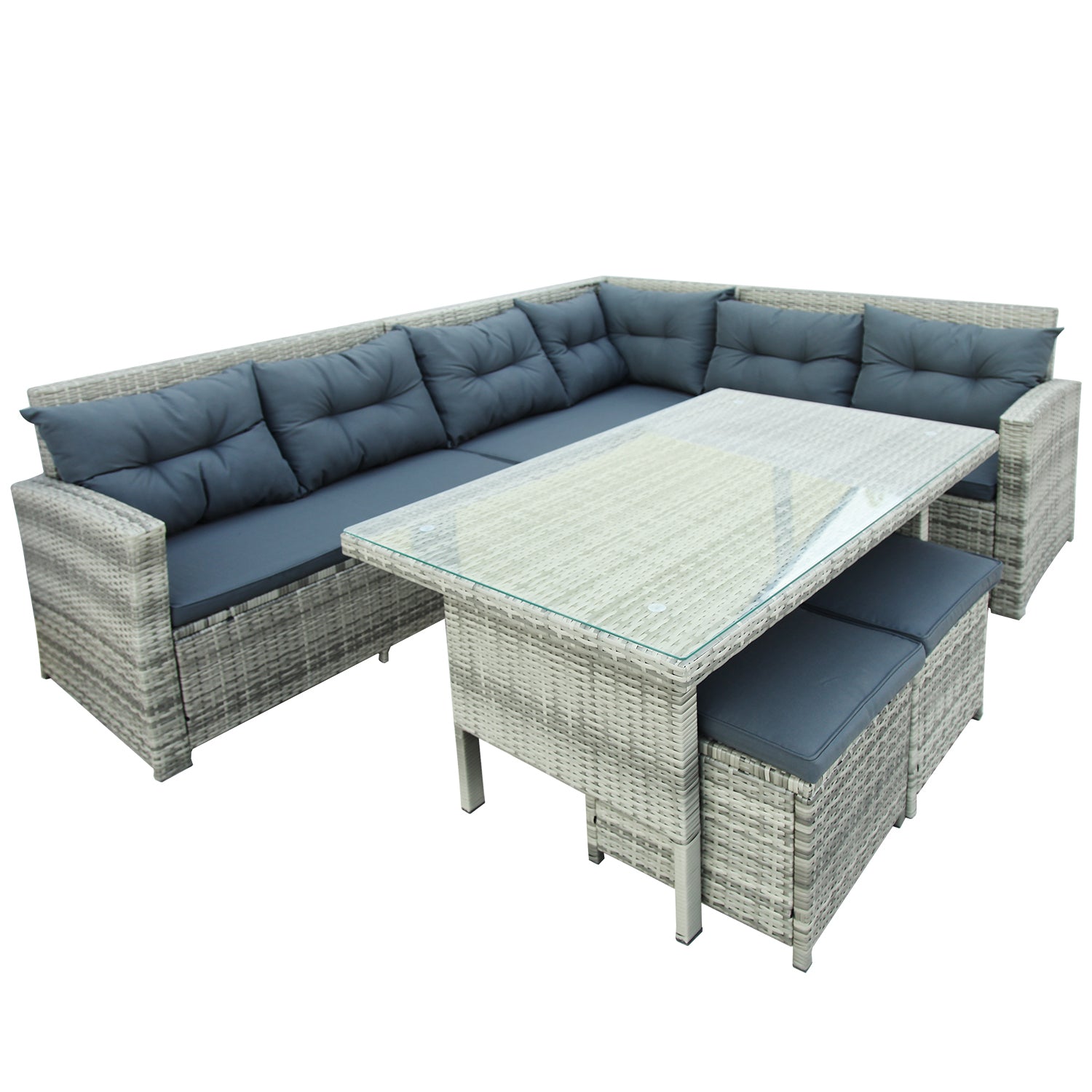6-Piece Patio Furniture Set Outdoor Sectional Sofa with Glass Table, Ottomans for Pool, Backyard, Lawn - Gray
