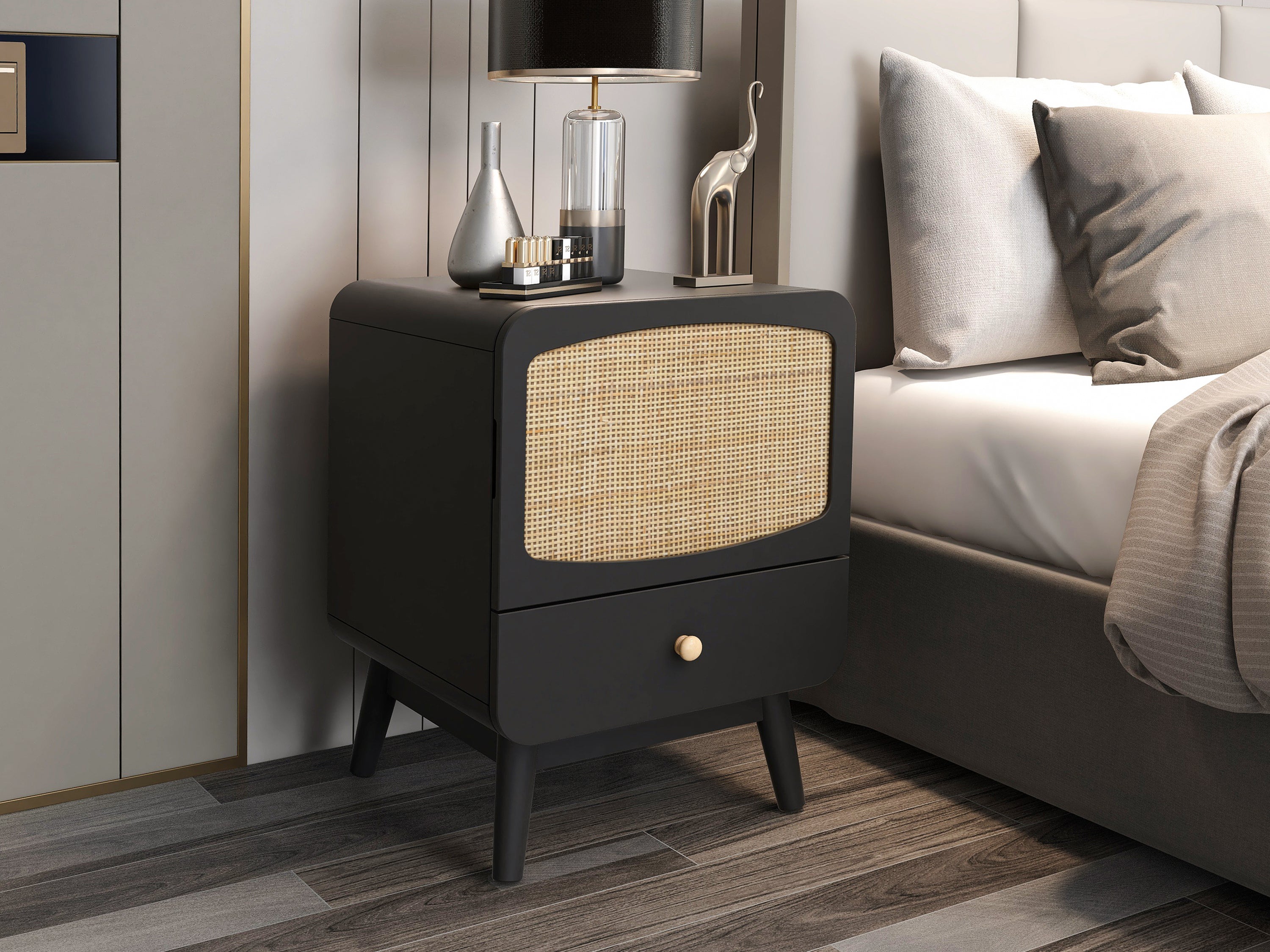 ILO Black Nightstand with Storage Drawer/ Rattan Door