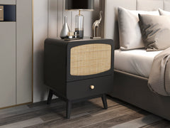 ILO Black Nightstand with Storage Drawer/ Rattan Door