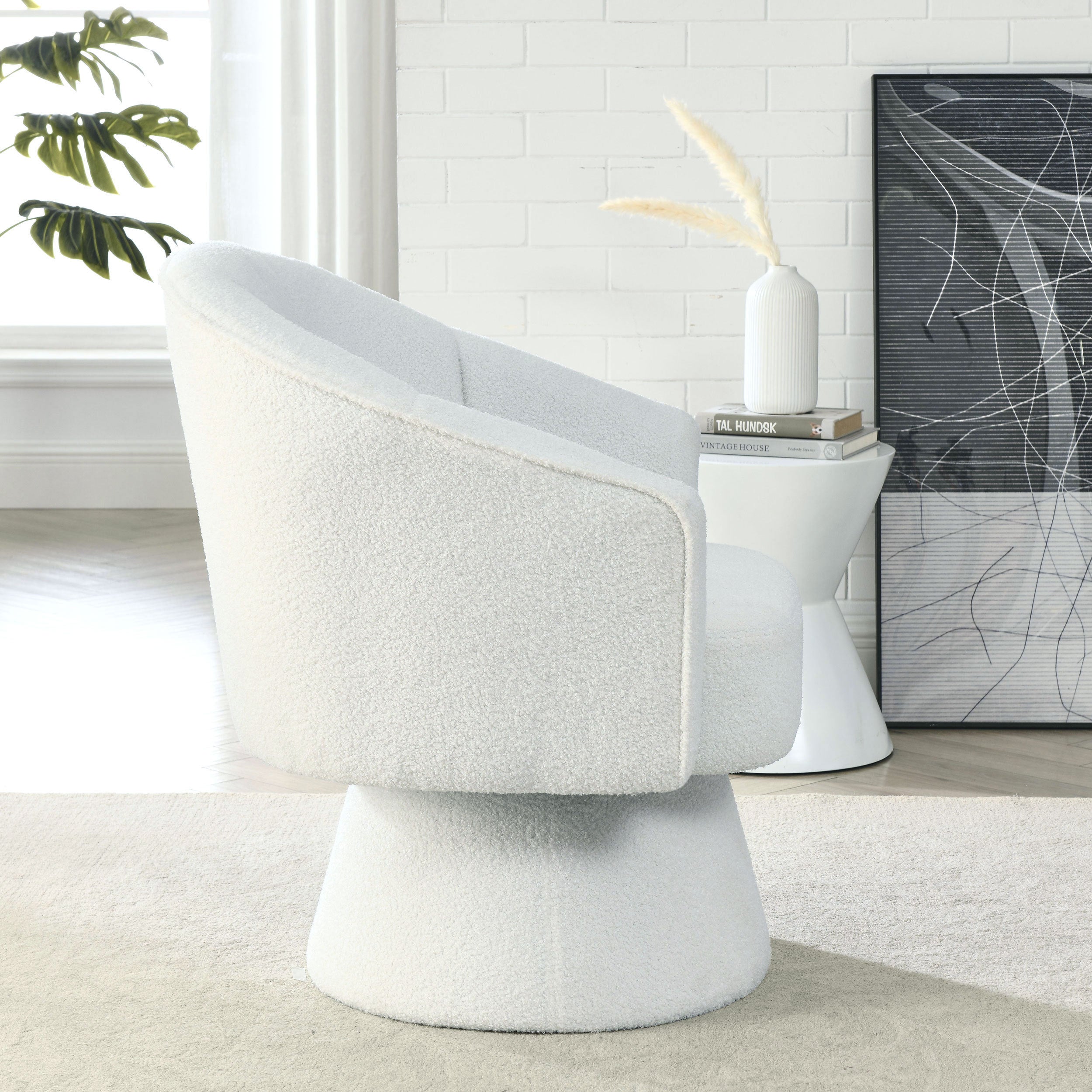 29 "W Petal Modern Contemporary Accent Lounge Swivel Chair with Deep Channel Tufting and Base - White Teddy